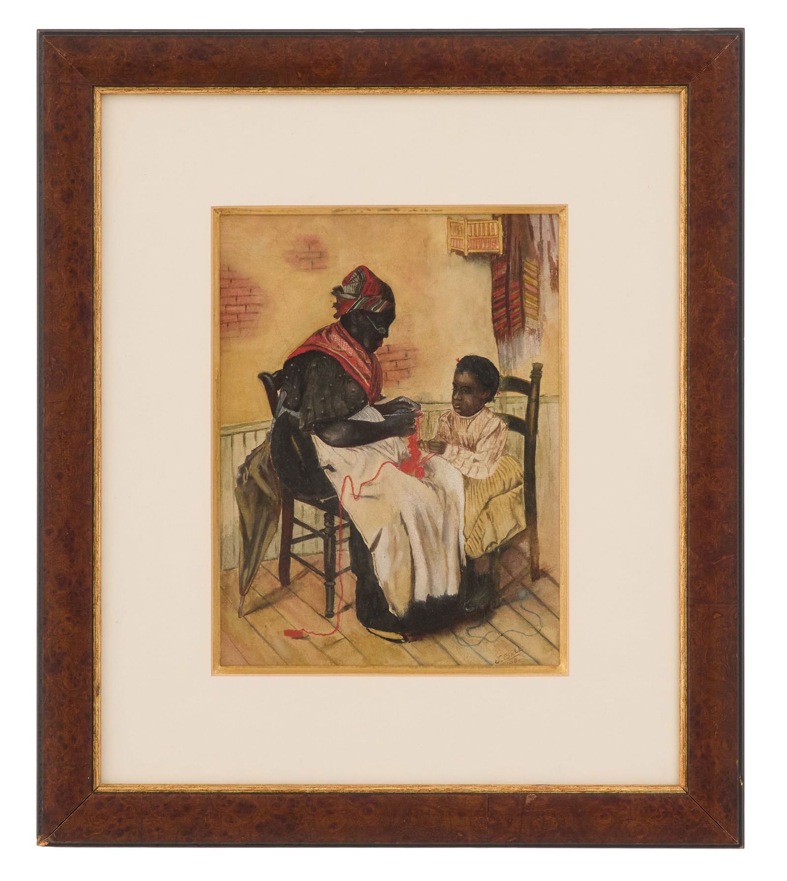 J. Ball (USA, act. Early 20th Century): J. Ball(American, act. Early 20th Century)"The Crochet Lesson", 1908watercolor on papersigned and dated lower right.Matted, glazed and framed.sight 10-1/2" x 8", framed 19" x 16-1/2" Provenance: