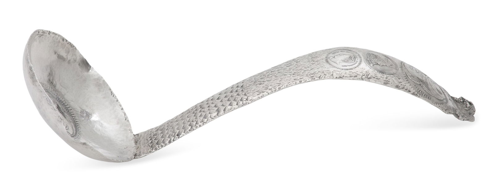 H. Alvin Sharpe (USA/Louisiana, 1910-1982): H. Alvin Sharpe (American/Louisiana, 1910-1982) Silver Punch Ladlethird quarter 20th century, the hand-crafted ladle with imbricate handle and double spouted saucer-shaped bowl, the handle inset with
