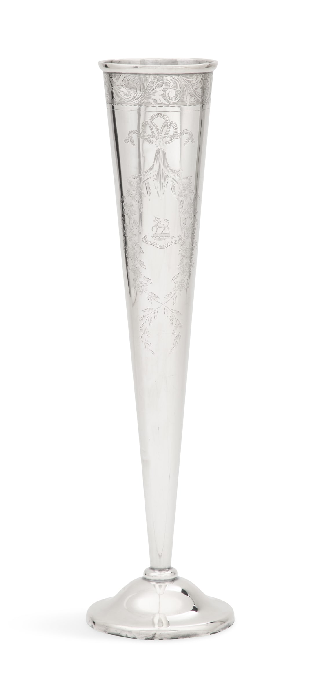 American Sterling Silver Trumpet Vase: American Sterling Silver Trumpet Vasefirst quarter 20th century, of inverted conical form, with molded rim and engraved with rococo scroll band and bright-cut laurel cartouches, above an ogee-domed fo