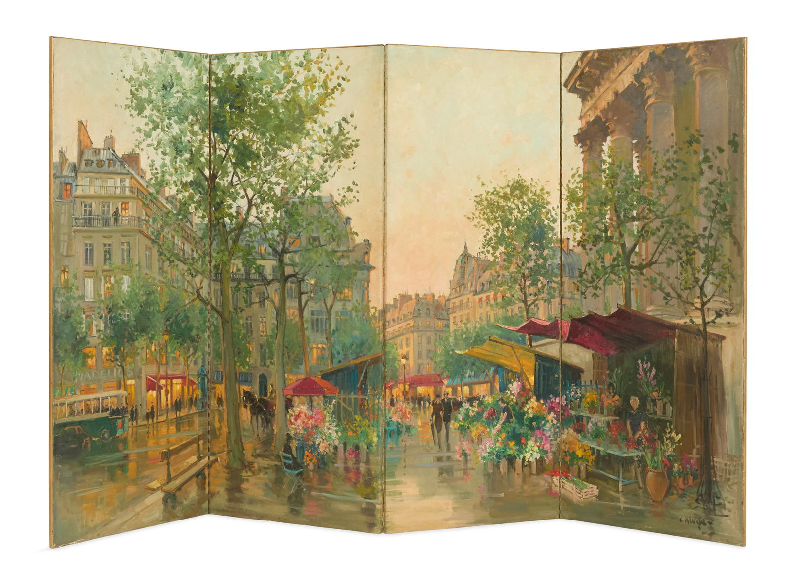 Constantin Kluge (French, 1912-2003): Constantin Kluge(French, 1912-2003)"Village Square"oil on wood, four-paneled screenpanels hinged together, signed on last panel lower right corner, with hardware for hanging.each panel 63" x 25-1/2",