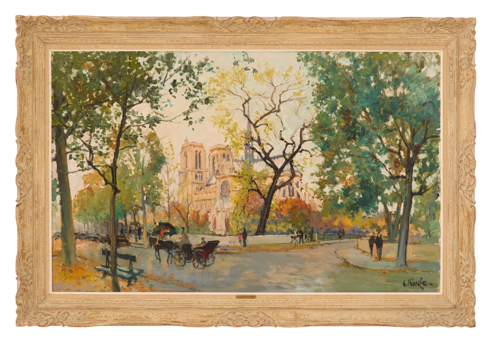Constantin Kluge (French, 1912-2003): Constantin Kluge(French, 1912-2003)"Notre Dame in Indian Summer"oil on canvassigned lower right, titled on stretcher en verso.Framed.32" x 51", framed 40" x 60" Provenance: The Collection of Debo