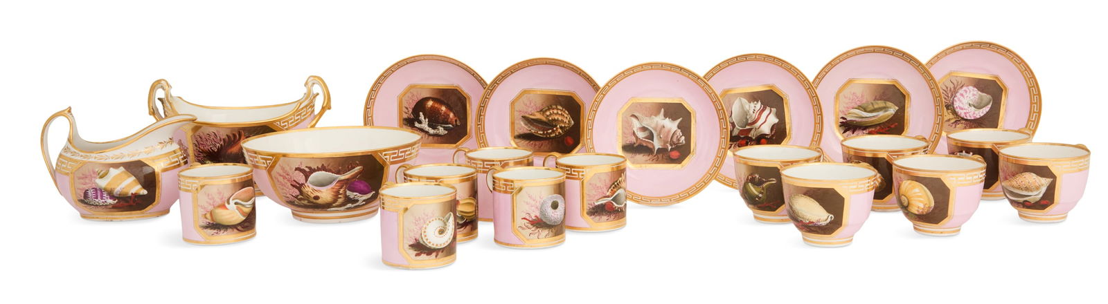 Barr, Flight & Barr Porcelain Service: Barr, Flight & Barr Porcelain Serviceca. 1804-1813, the partial coffee and tea service decorated with polychrome shell-painted central panels on a gilt ground, with Greek-fret gilt borders, most piece