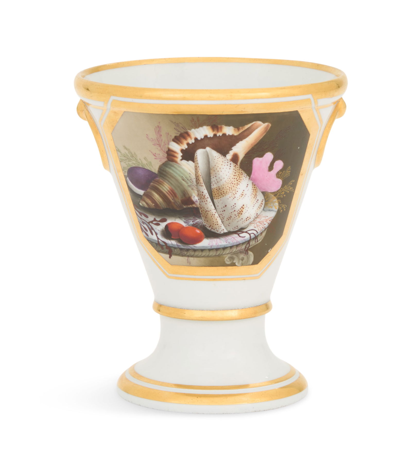 Barr, Flight & Barr Porcelain Cachepot: Barr, Flight & Barr Porcelain Cachepotca. 1804-1813, the tapered one-piece container with molded rings on each side, and with a shell-decorated panel on a pale blue ground, the bottom with a hand-pain