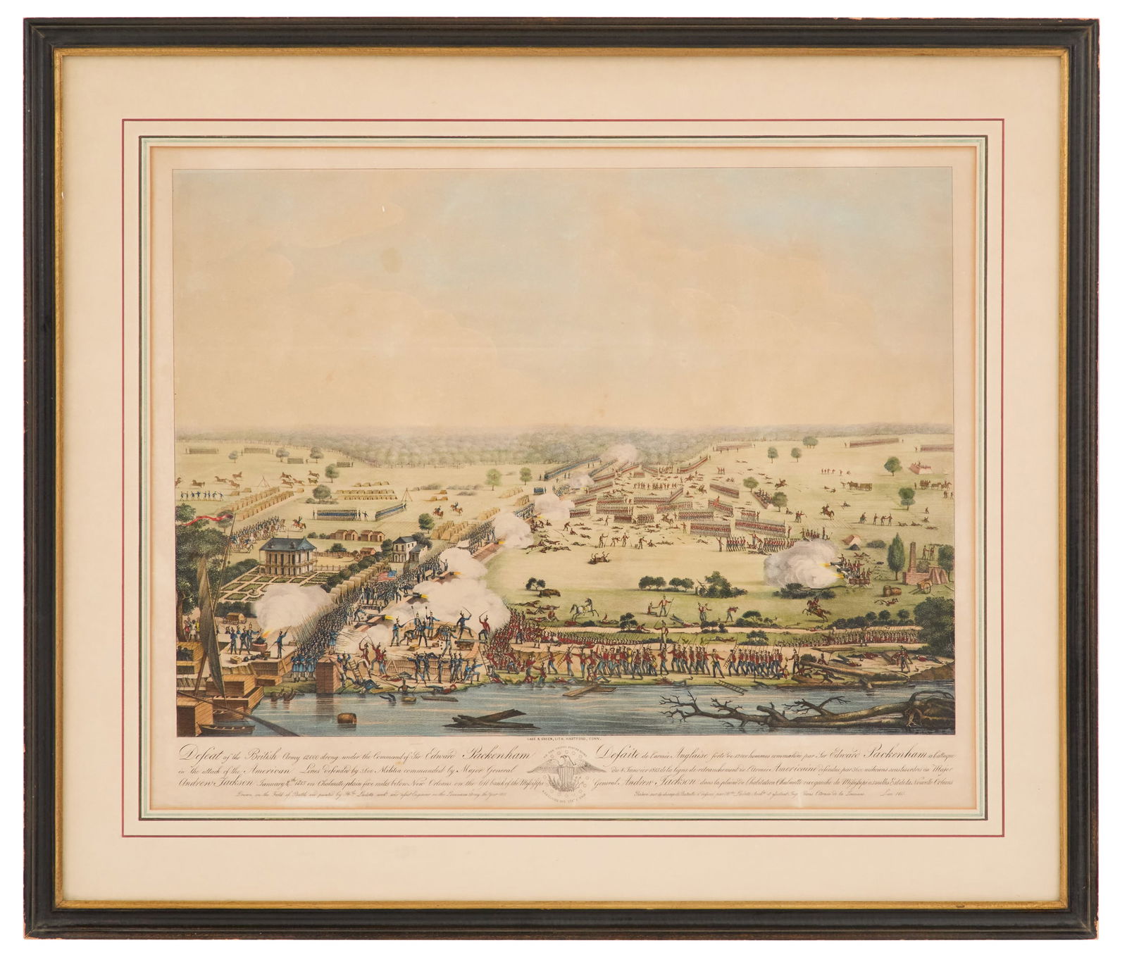 After Hyacinthe Laclotte (French, 1766-1829): After Hyacinthe Laclotte (French, 1766-1829) "Defeat of the British Army, New Orleans" lithograph on paper published by Case and Green, Lith., Hartford, Connecticut, n.d. Matted, glazed and framed.