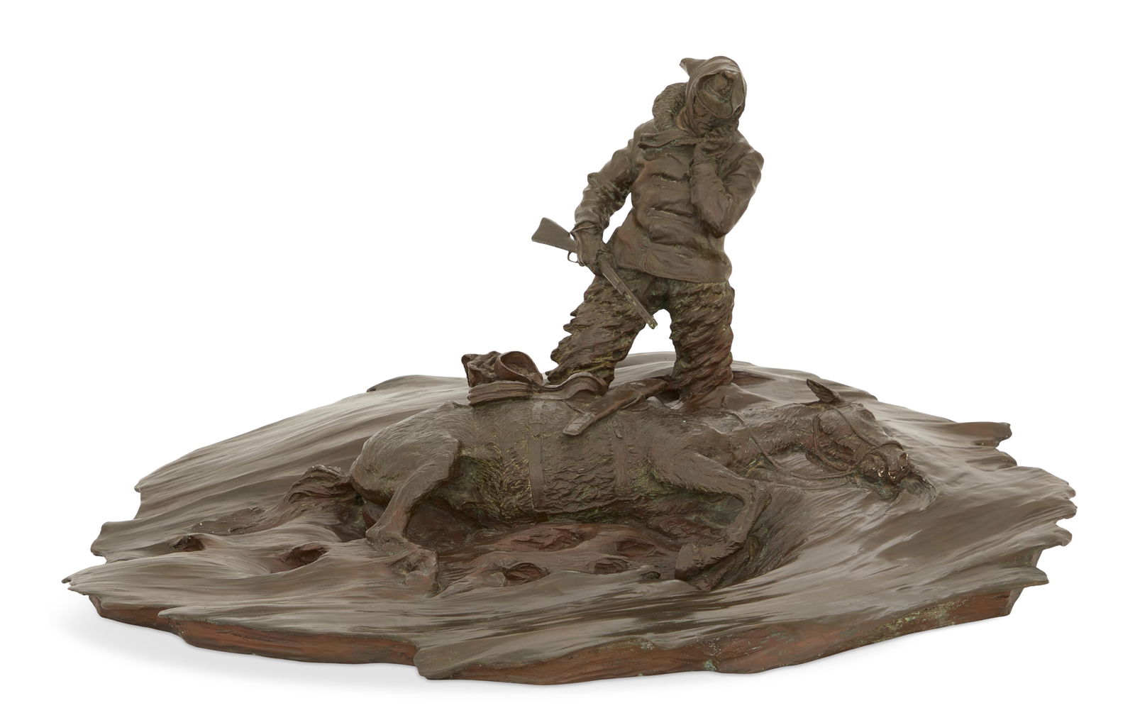 Edward James Fraughton (American/Utah, 1939-2024): Edward James Fraughton (American/Utah, 1939-2024) "Where the Trail Ends", 1973 patinated bronze cast signature, dated, copyright-marked, numbered "16/30" and inscribed "Young-Cast" along back. h.