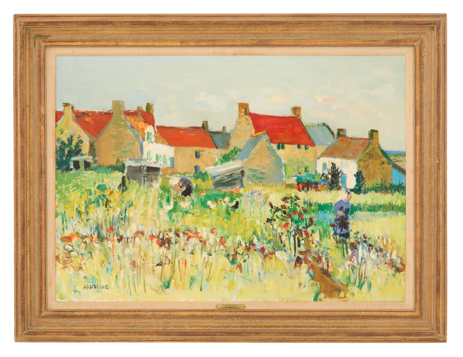 Yolande Ardissone (French, 1927-2024): Yolande Ardissone (French, 1927-2024) "Village a Sainte-Barbe" oil on canvas signed lower left, titled on artist plaque and on stretcher en verso. Framed. 26" x 36", framed 33-1/2" x 44-1/4" 