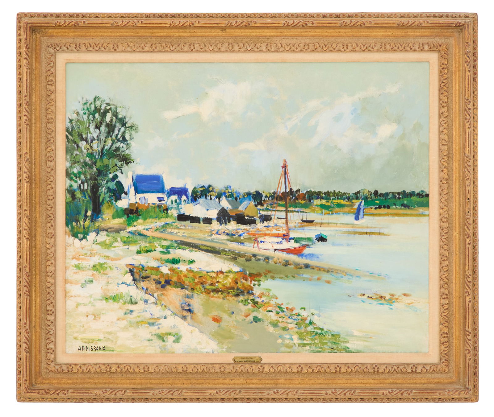 Yolande Ardissone (French, 1927-2024): Yolande Ardissone (French, 1927-2024) "Saint Philibert" oil on canvas signed lower left, titled on artist plaque and on stretcher en verso. Framed. 25-3/4" x 32", framed 33-1/2" x 39-1/2" 