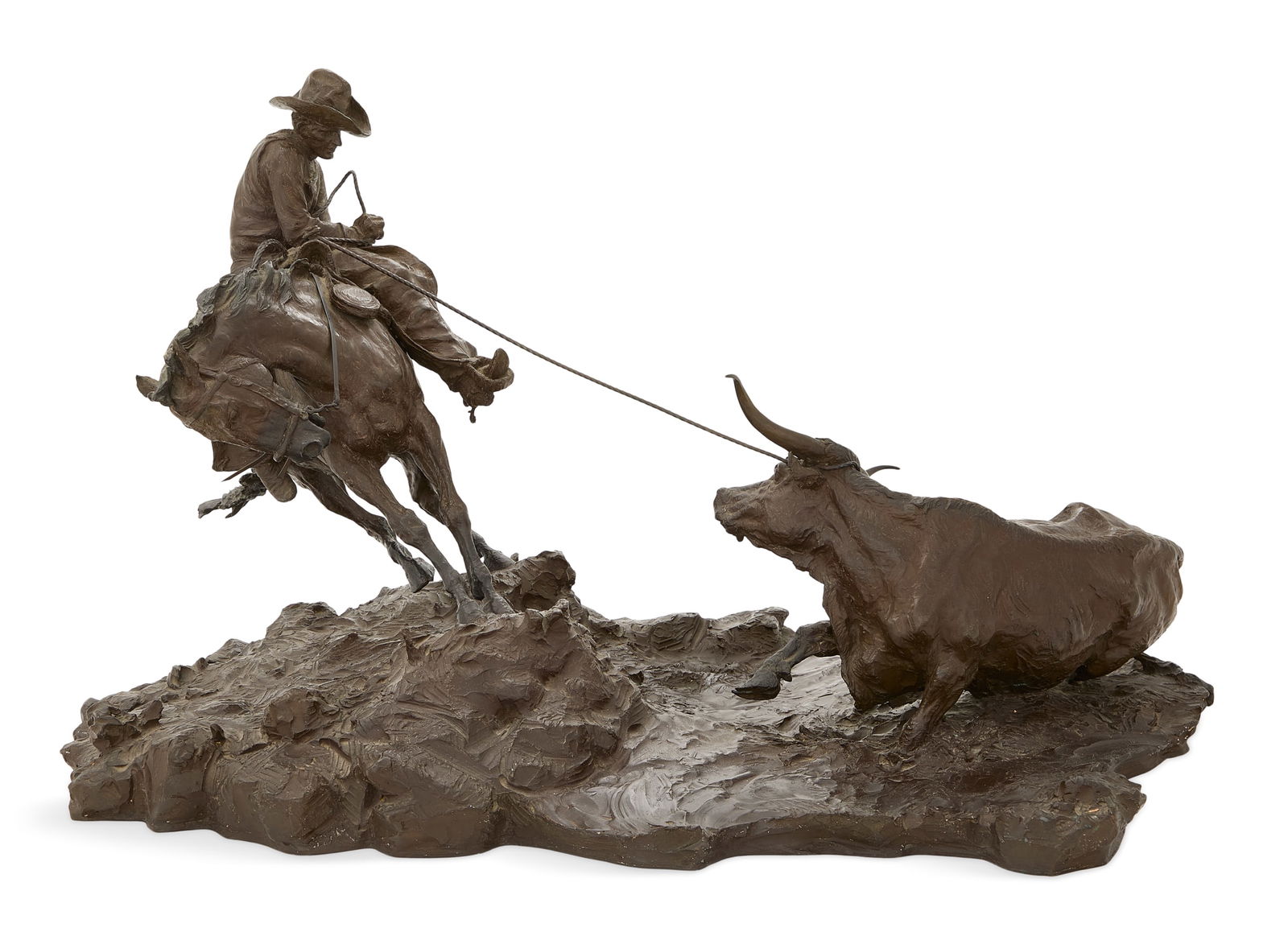 Edward Broughton (American, 20th century): Edward Broughton (American, 20th century) "Cowboy Roping a Longhorn from Horseback", ca. 1972 patinated bronze cast signature and numbered 19/30" on self-base. h. 19", w. 28", d. 23" Provenance: