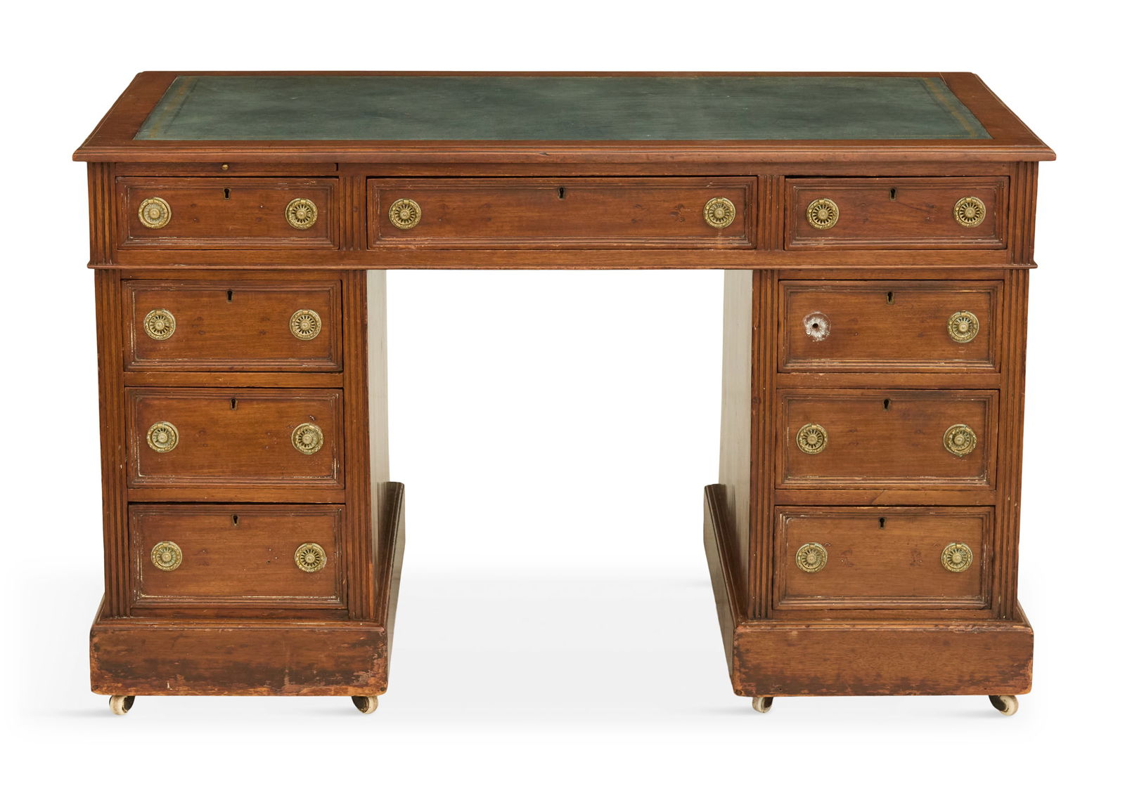 English Mahogany and Leather Pedestal Desk: English Mahogany and Leather Pedestal Desk late 19th century, the top with an inset green leather writing blotter, and a central drawer below, flanked by a pedestal to each side with a bank of four