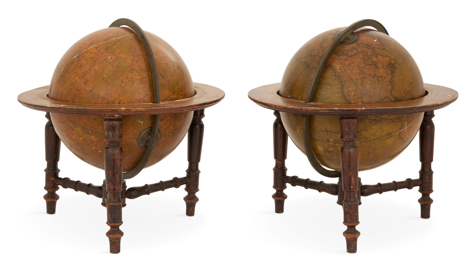 Pair of English Terrestrial and Celestial Globes: Pair of English Terrestrial and Celestial Globesca. 1844-1876, London, the turned mahogany stands with bronze meridian hour bands, marked "Cruchley's Late Cary's New Celestial Globe" and "Terrestrial