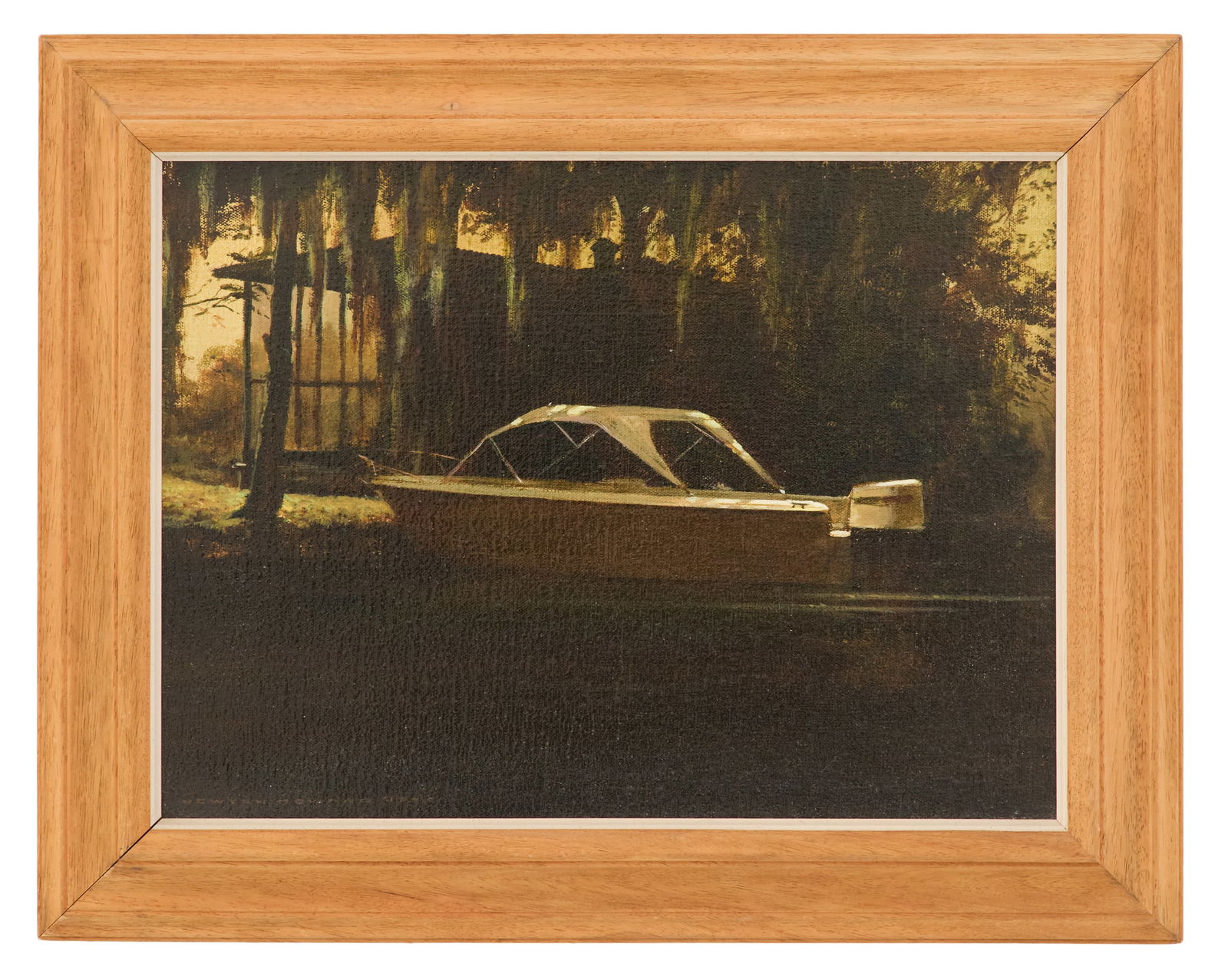 Newton Reeve Howard (Louisiana, 1912-1984): Newton Reeve Howard(American/Louisiana, 1912-1984)"Fishing Boat by Bayou Cabin", 1980oil on canvassigned and dated lower right.Framed.12" x 16", framed 15-3/4" x 19-3/4" Provenance: The Collectio