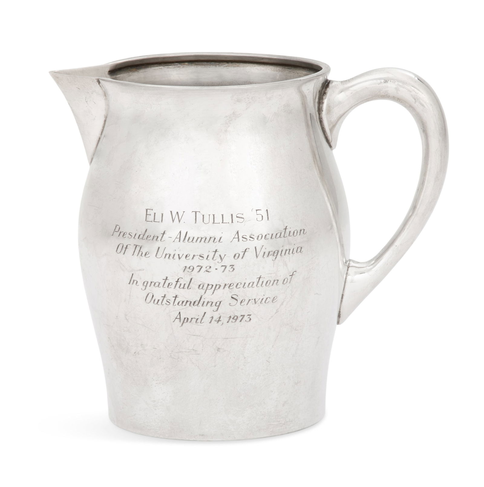 Reed & Barton "Paul Revere" Sterling Pitcher: Reed & Barton "Paul Revere" Sterling Silver Presentation Pitcher dated 1973, Taunton, Massachusetts, of bulbous cylindrical form with notched spout and arched handle, engraved with a presentation