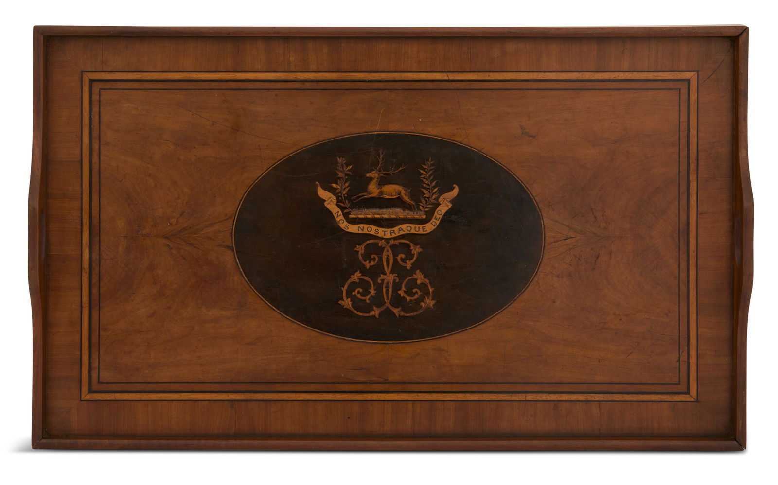 English Armorial-Inlaid Walnut Gallery Tray: English Armorial-Inlaid Walnut Gallery Tray early 20th century, inlaid with an armorial motto reading, "Nos Nostraque Deo", meaning "We and Ours to God", on a walnut-veneered ground, framed with box