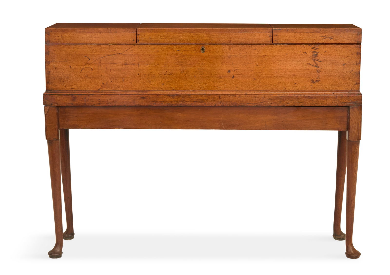 Queen Anne Mahogany Box on Stand: Queen Anne Mahogany Box on Stand18th century, the dovetailed box with brass handles and three hinged lids, opening to a segmented interior, on an associated stand, raised on Queen Anne legs ending in