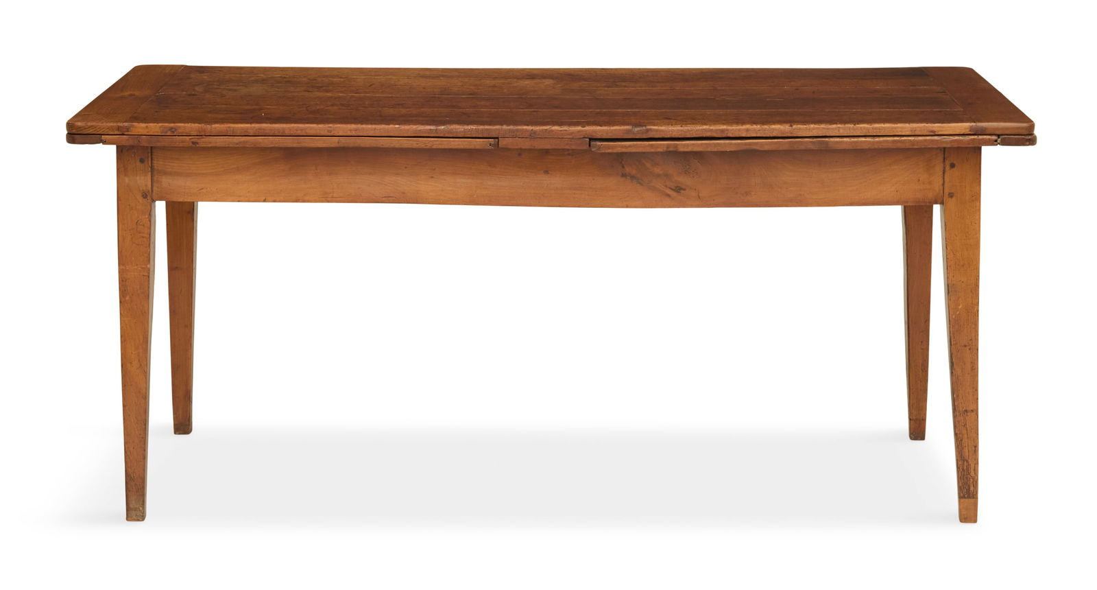 French Provincial Fruitwood Refectory Table: French Provincial Fruitwood Refectory Table19th century, the plank top with breadboard ends and a pull-out leaf at each end, raised on tapered square legs.h. 29", w. 28", l. 64", ext. l. 123" Provenan