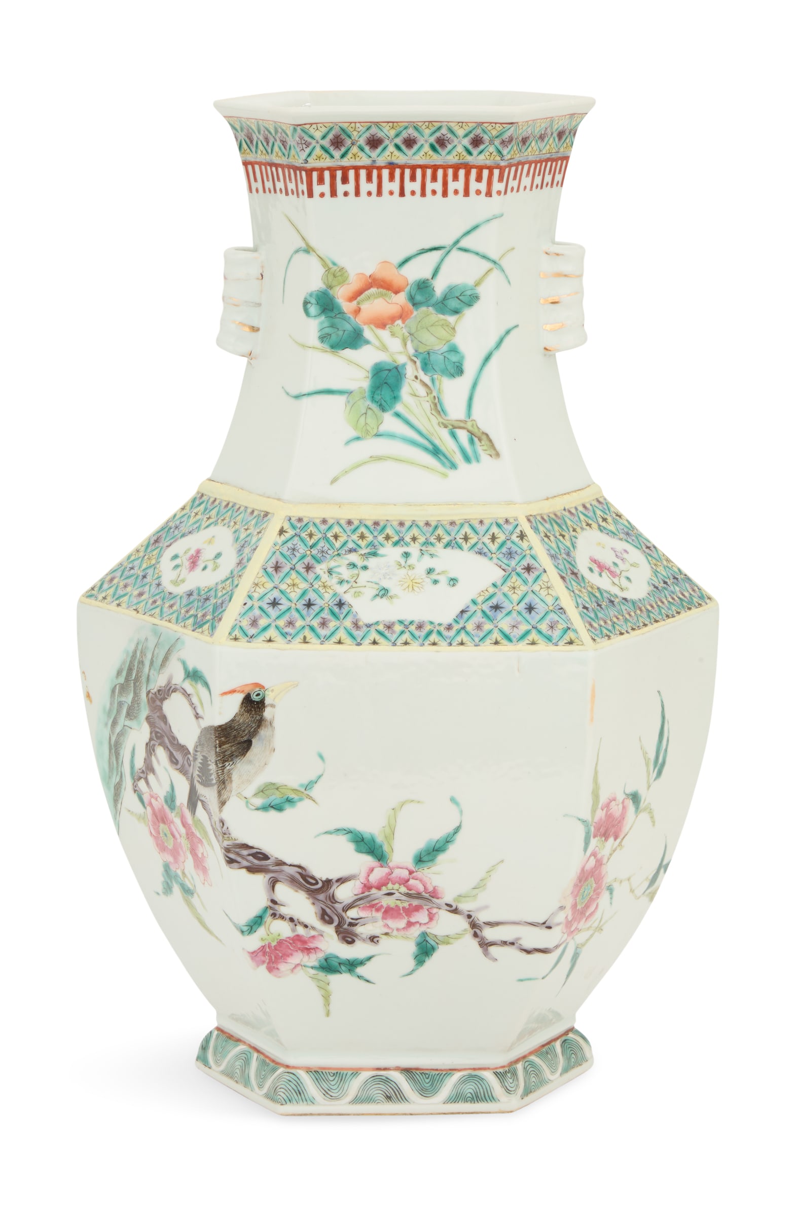 Chinese Export Vase in the Famille Rose Palette: Chinese Export Vase in the Famille Rose Palette late 19th century, the hexagonal vase decorated with birds on flowering plum branches on one side and peonies on the other. h. 17-3/4", dia. 9-1/4" 