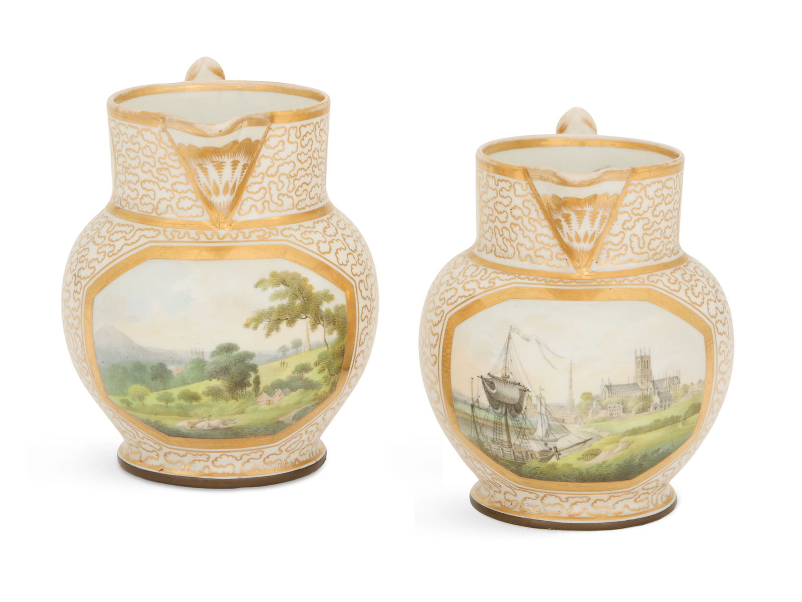 Pair of English Worcester Porcelain Jugs: Pair of English Worcester Porcelain Jugs ca. 1820s, each with a carefully painted panel, one with a bucolic scene and the other with a docking ship, the necks with gilt monograms, marked "Worcester"