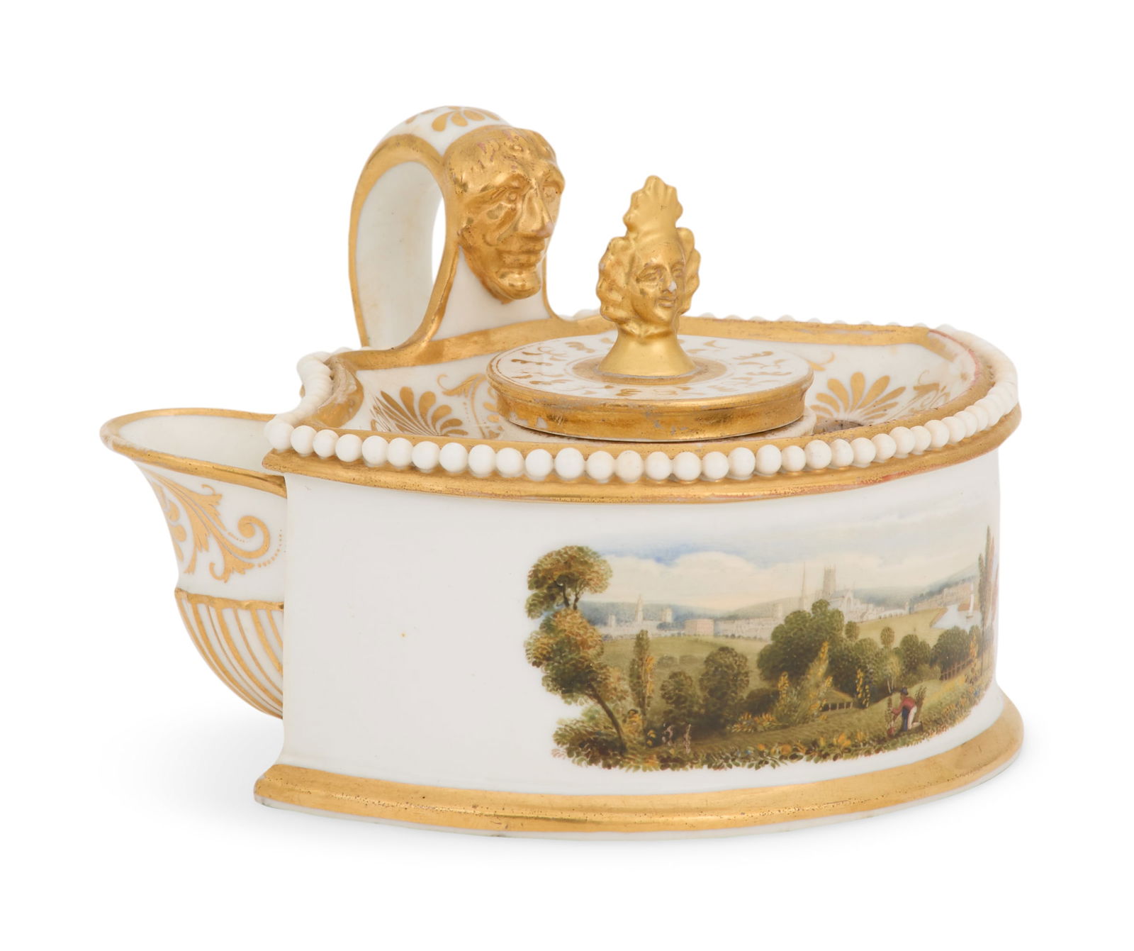 Chamberlain's Worcester Topographical Inkwell: Chamberlain's Worcester Topographical Inkwell ca. 1816-1840, the porcelain fan-form inkwell decorated with a polychrome view of Worcester, and having a masque-decorated handle and ink pot cover, the