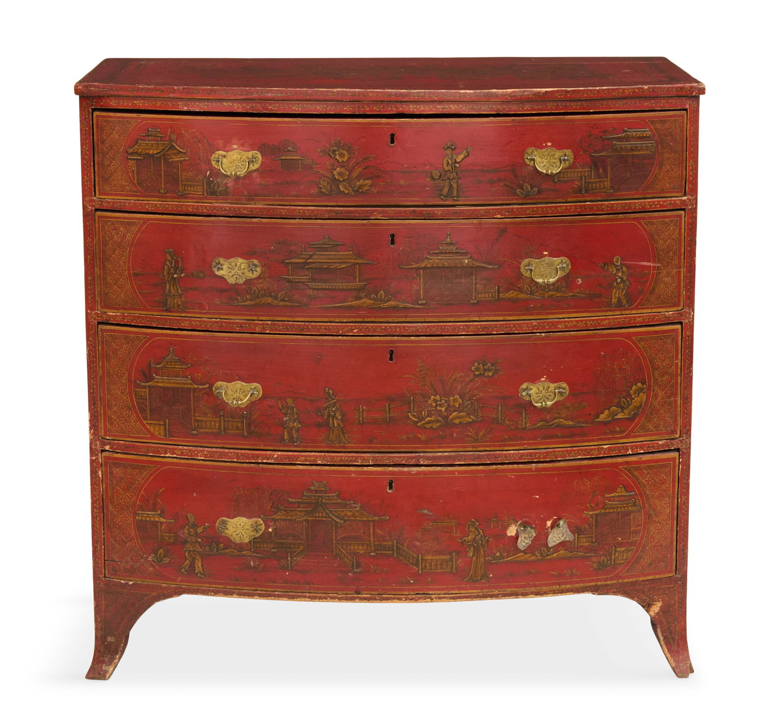 George III Chinoiserie-Decorated Bowfront Chest: George III Chinoiserie-Decorated Bowfront Chest late 18th century, in the Hepplewhite taste, fitted with four graduated long drawers, each with traditional decor and engraved brasses, raised on