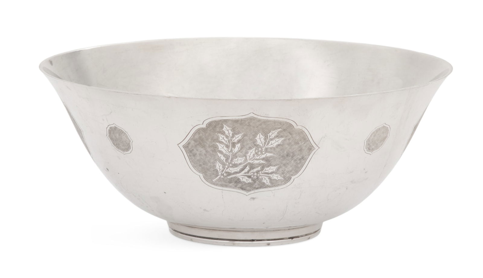 S. Kirk & Son "Four Seasons" Sterling Silver Bowl: S. Kirk & Son "Four Seasons" Sterling Silver Bowl mid-20th century, numbered #116, of traditional "Paul Revere" form, hand-engraved with Chinese-style medallions of floral representations of the four
