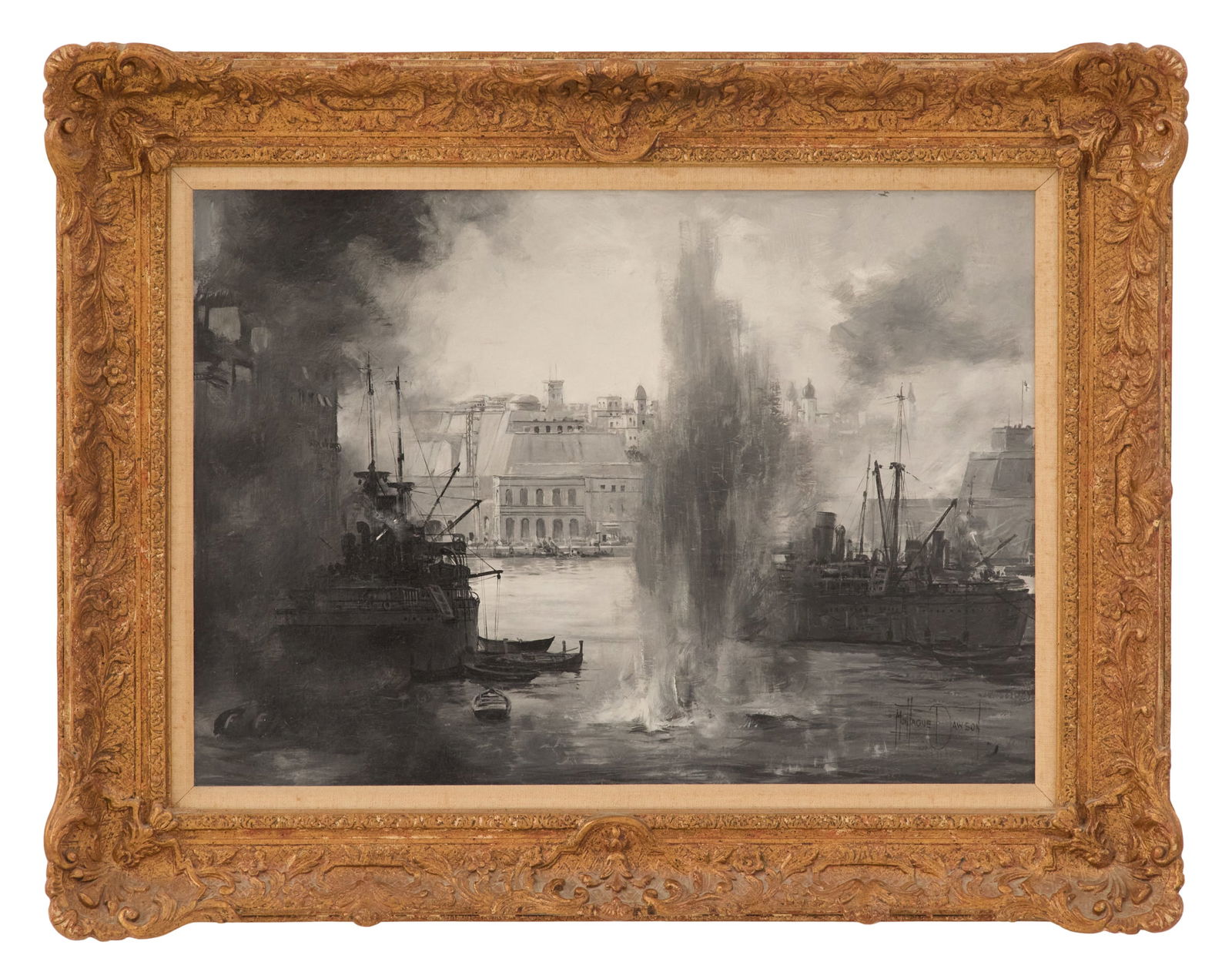 Montague Dawson (British, 1890-1973): Montague Dawson(British, 1890-1973)"The Grand Harbor at Valletta"grisaille oil on boardsigned lower right, titled on old label en verso, old Christie's stamp en verso.Framed.15" x 21", framed 21" x 27