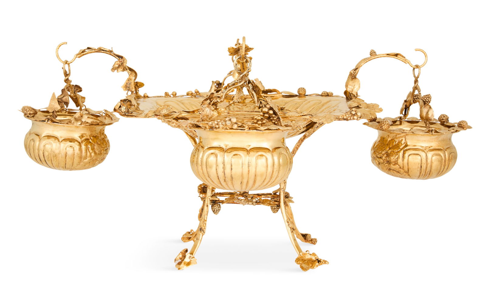Grand Italian Sterling Silver-Gilt Epergne: Grand Italian Sterling Silver-Gilt Epergnecontemporary, by Antonio Braganti, Florence, with a rounded rectangular gadrooned center dish raised on four legs joined by a conforming stretcher and with fo