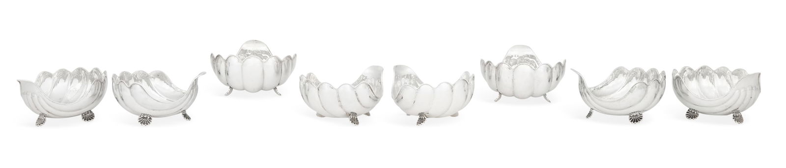 Set of Eight Italian Silver Coquille Bowls: Set of Eight Italian Silver Coquille Bowlscontemporary, by Dario & Carlo Danilo, Vigodarzere, Padua, .800 silver, each of deep coquille form with rolled rim and raised on three cast and applied coquil