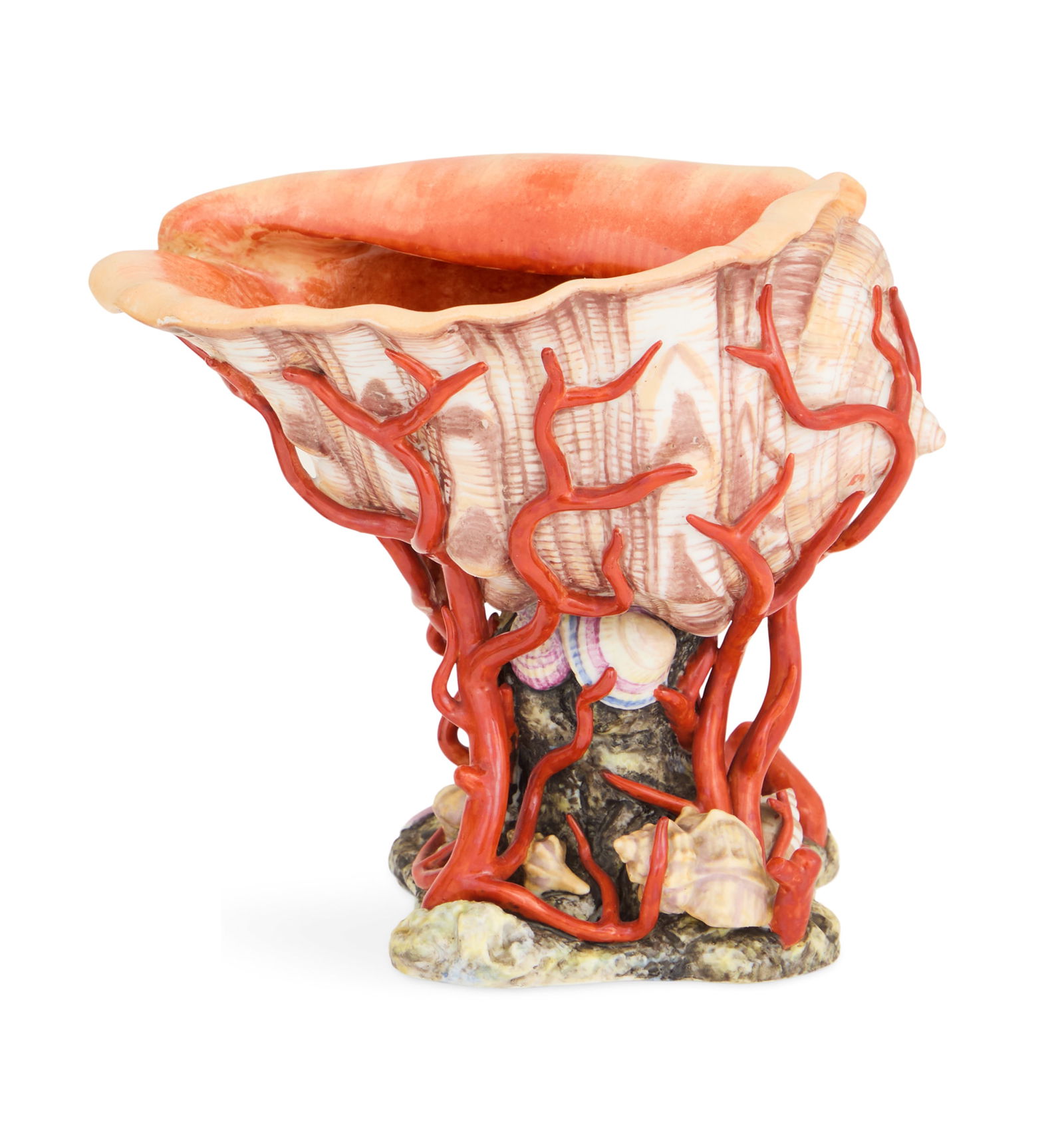 Italian Doccia Porcelain Centerpiece: Italian Doccia Porcelain Centerpiece19th century, attributed to Ginori at Doccia, with a carefully modeled and realistically painted large upper shell, supported on a standard composed of red coral em
