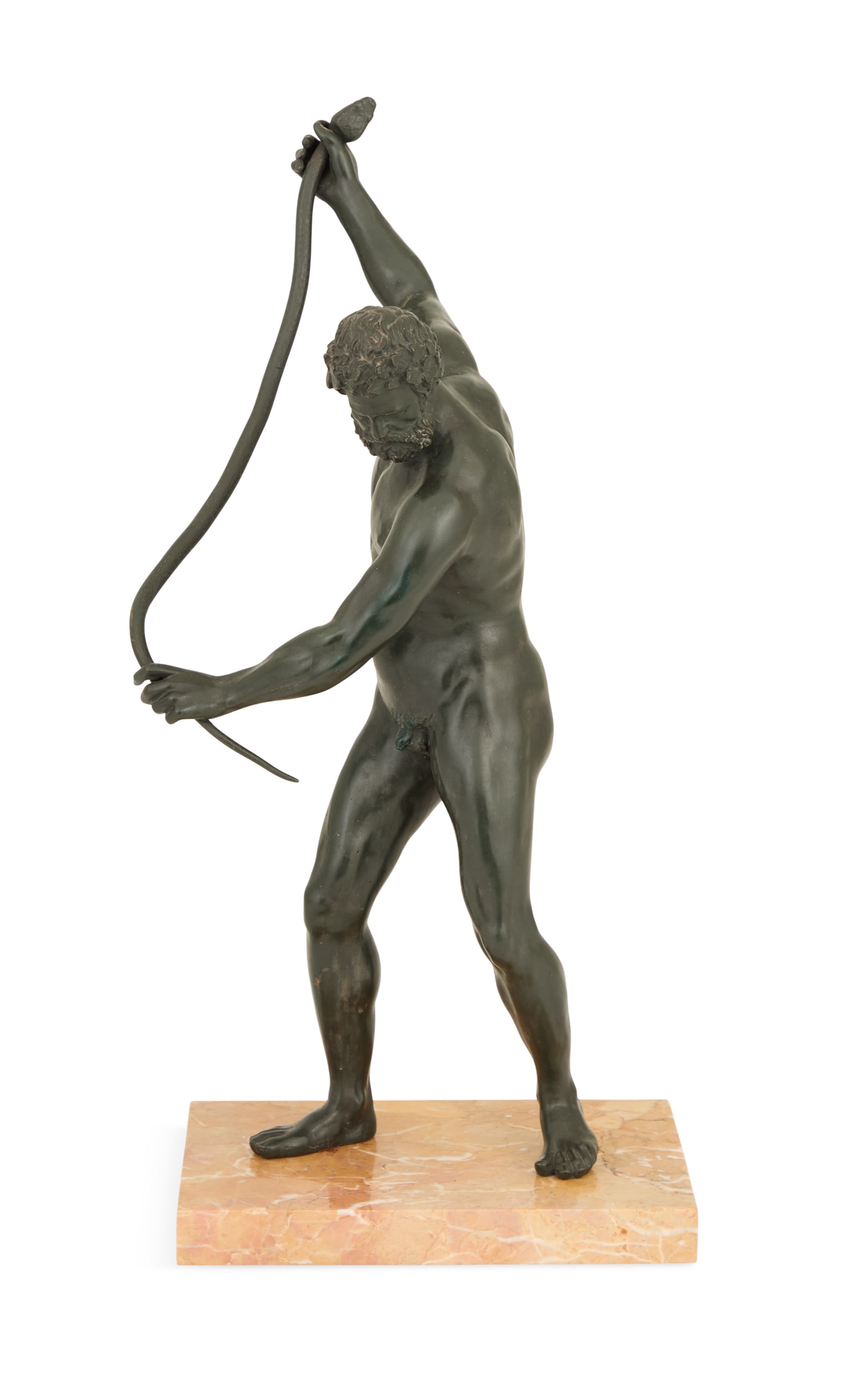 Italian Patinated Bronze Figure of Hercules: Italian Patinated Bronze Grand Tour Figure of Herculeslate 19th/early 20th century, figure strangling a snake, on a white and tan mottled marble base.h. 17-1/2", w. 7-3/4", d. 5-1/4"