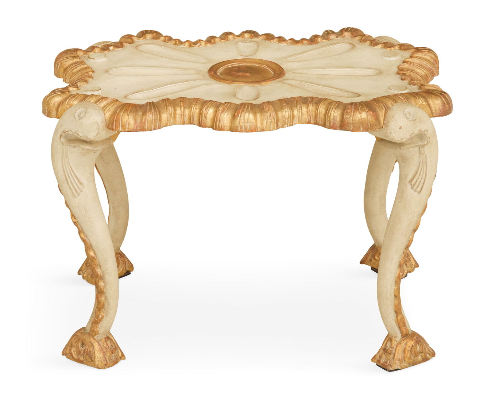 Italian Parcel-Gilt Grotto-Style Stool: Italian Polychrome and Parcel-Gilt Grotto-Style Stoolthe shaped top with a carved and gilt edge mounted to four stylized dolphin-form legs.h. 19", w. 26", d. 16"