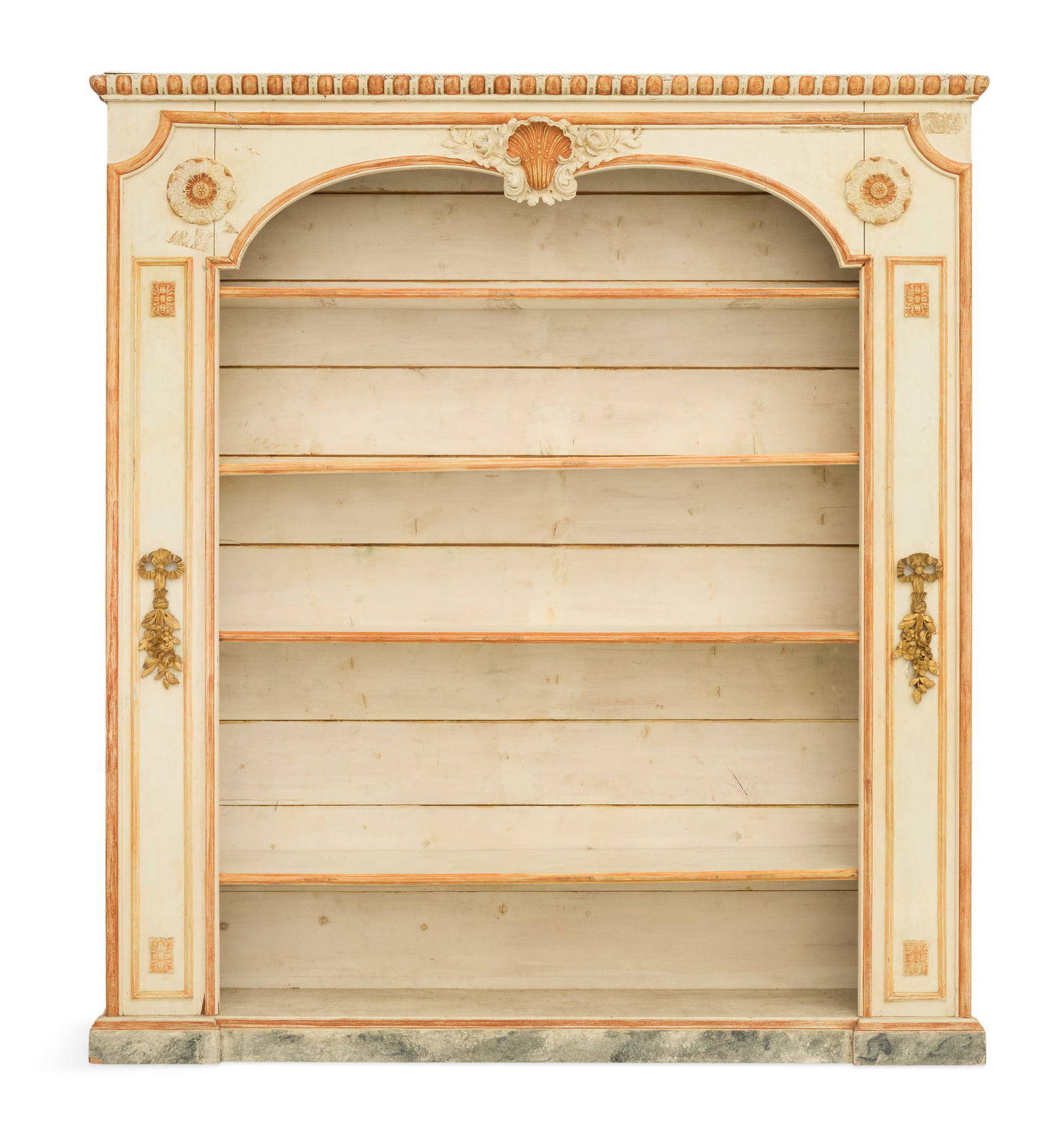 Italian Polychrome and Parcel-Gilt Bookshelf: Italian Polychrome and Parcel-Gilt Wooden Bookshelf20th century, in the Louis XVI taste, the top with a boldly carved molded edge over an arched opening, the interior fitted with adjustable shelves, r