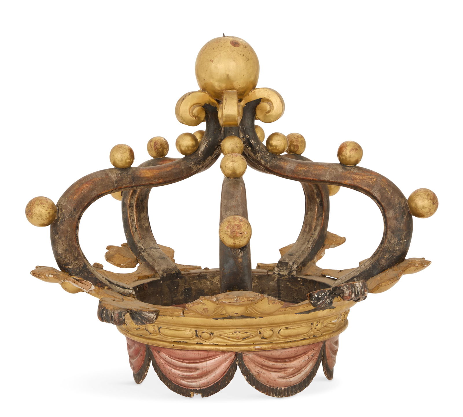 Italian Gilded and Silvered Wooden Corona: Italian Gilded and Silvered Wooden Corona19th century, the pierced crown-form corona with a silver-gilt frame accented with giltwood spheres, on a carved giltwood base, trimmed with copper-gilt fringe
