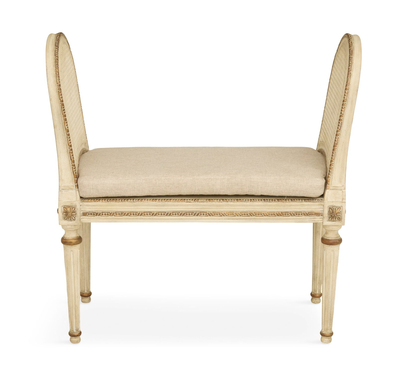 Louis XVI-Style Polychrome Window Bench: Louis XVI-Style Polychrome and Parcel-Gilt Window Bench 20th century, with arched and caned ends and seat, with a reversible loose cushion, raised on tall, turned and fluted legs. h. 26", seat h.
