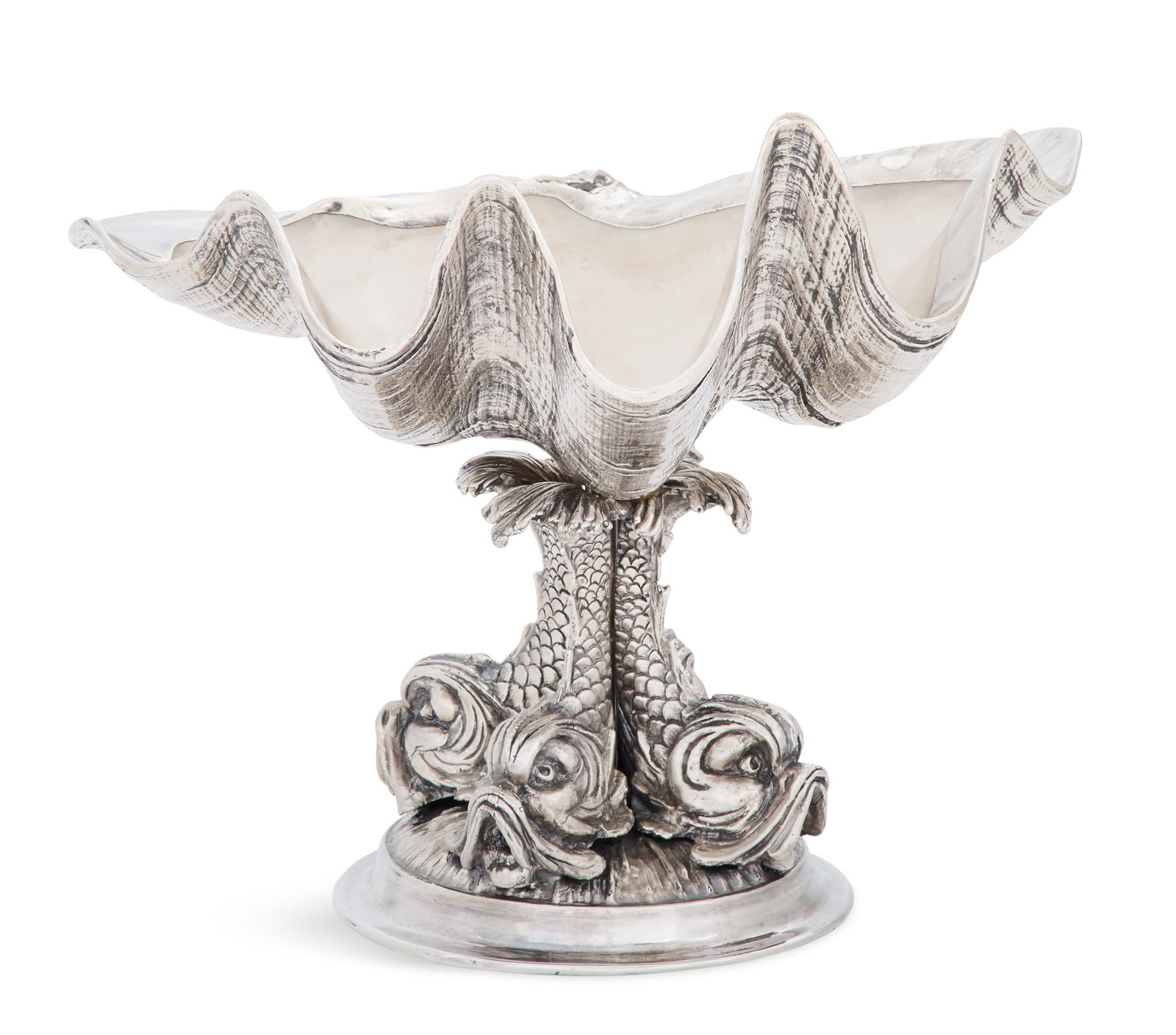 Italian Grotto-Style Silverplate Compote: Italian Grotto-Style Silverplate Compote 20th century, the bowl a giant clam shell clad in silverplate, the interior natural, raised on a standard of four addorsed dolphins above a circular base. h.