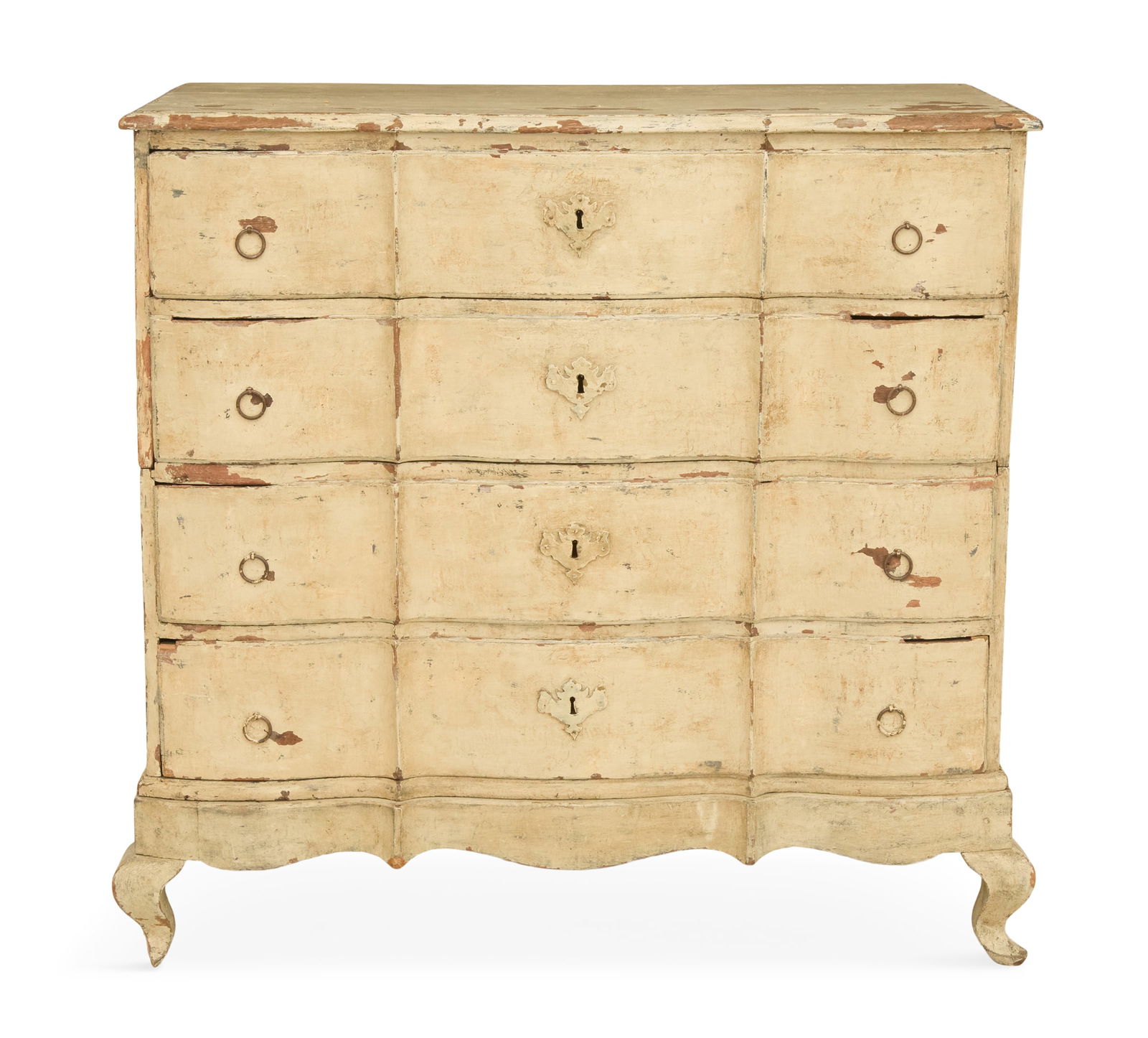 Swedish Polychrome Four-Drawer Chest: Swedish Polychrome Four-Drawer Chest 18th century, in two parts, with four serpentine drawers fitted with ring pulls, raised on short cabriole legs. h. 47", w. 48", d. d. 23-1/2"