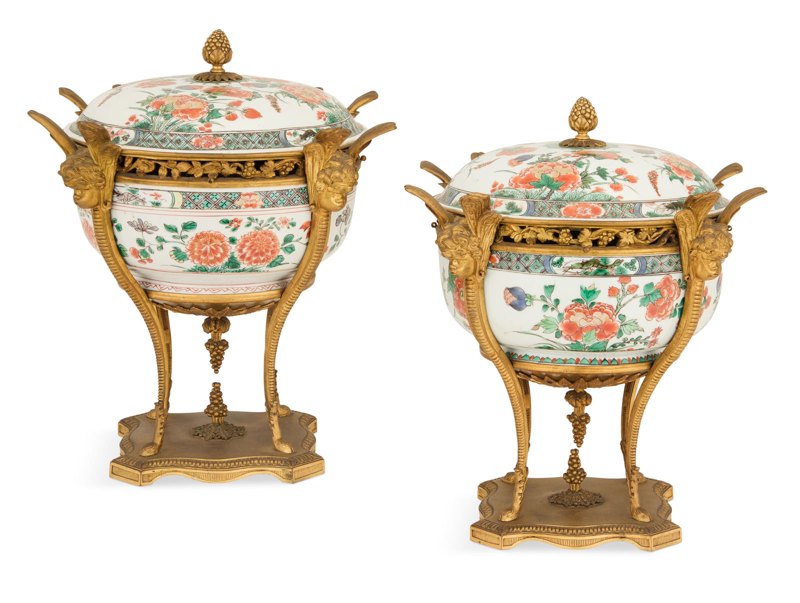 Pair of Chinese Export Bronze-Mounted Bowls: Pair of Chinese Export Bronze-Mounted Bowls 19th century, the covered porcelain bowls in the famille verte palette, decorated with gilt-trimmed orange and green peonies, now mounted as potpourri