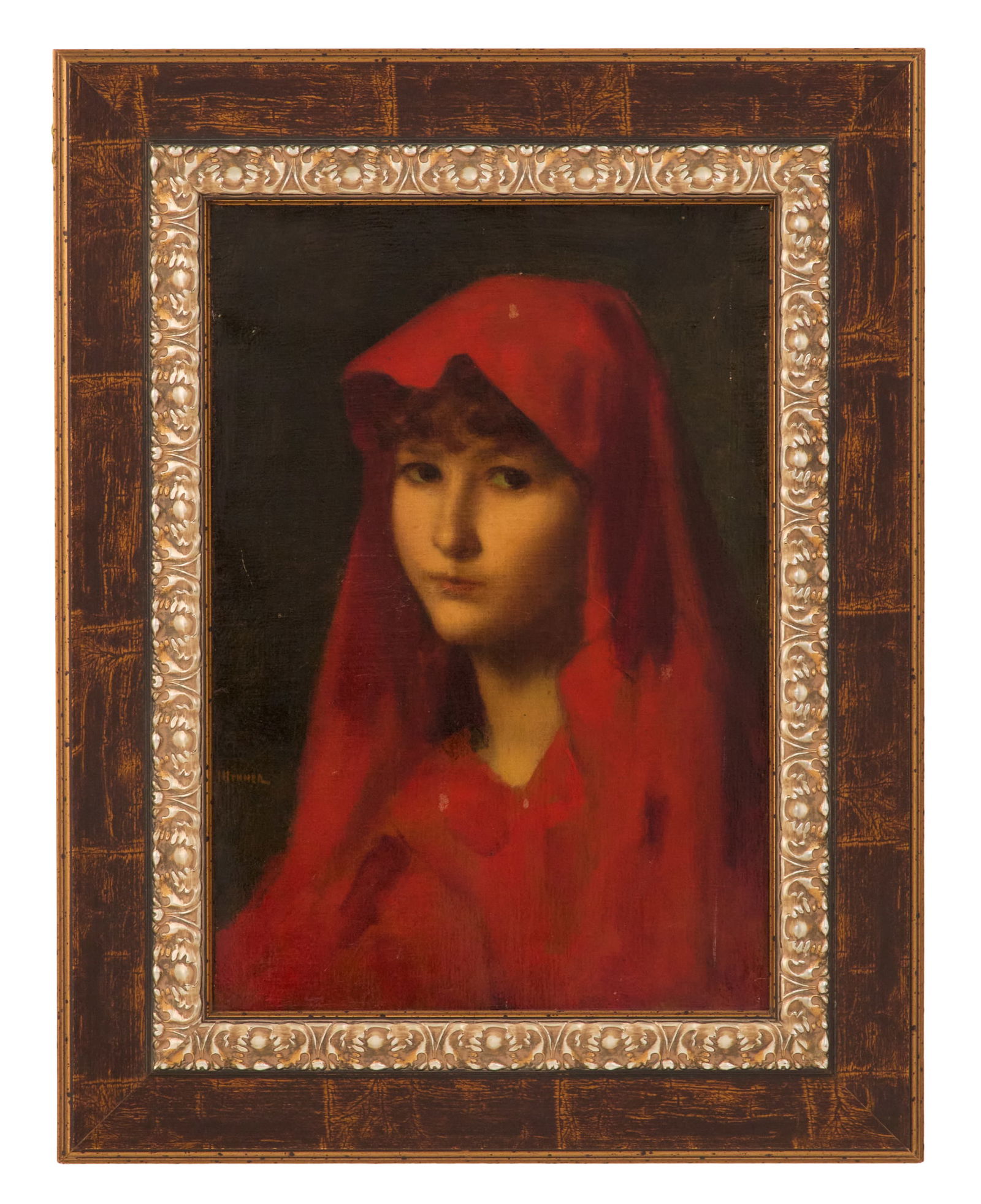 Jean-Jacques Henner (French, 1829-1905): Jean-Jacques Henner (French, 1829-1905) "Young Woman in a Red Cloak" oil on canvas signed lower left center; verso affixed with two "Christie's" labels and a "Bonhams" sticker. Framed. 18-1/2" x