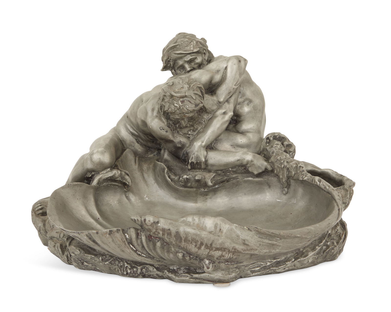 French Pewter Vide Poche of "Les Lutteurs": French Pewter Vide Poche of "Les Lutteurs"early 20th century, after Gustave Michel (French, 1851-1924), the two wrestling men adjacent to a shell-molded bowl, marked "Siot Paris" for the foundry.h. 10