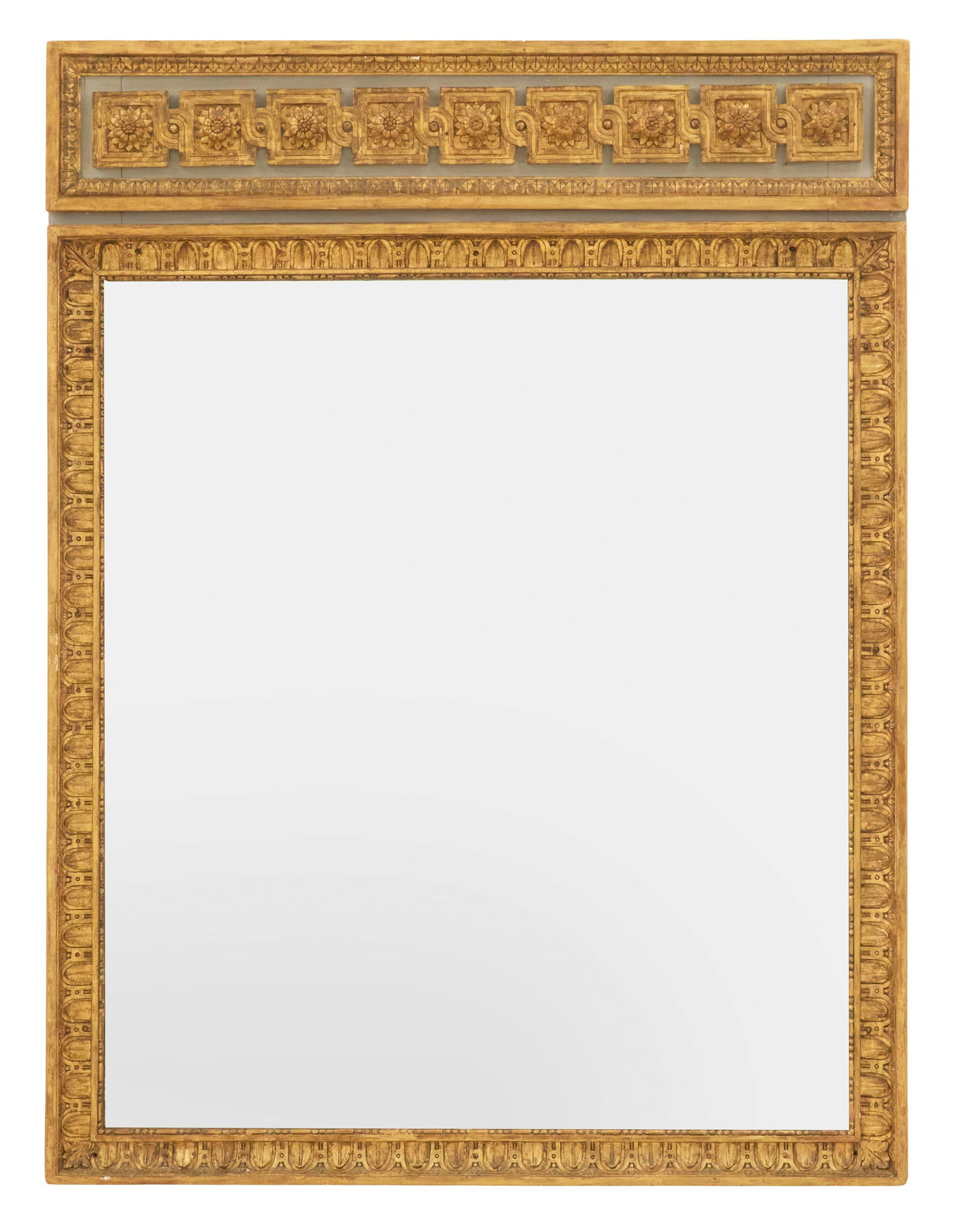 French Empire Parcel-Gilt Mirror: French Empire Parcel-Gilt Mirror early 19th century, the upper tablet decorated with raised guilloche framed medallions, on a gray ground, the cove-molded mirror plate surround carved with lotus
