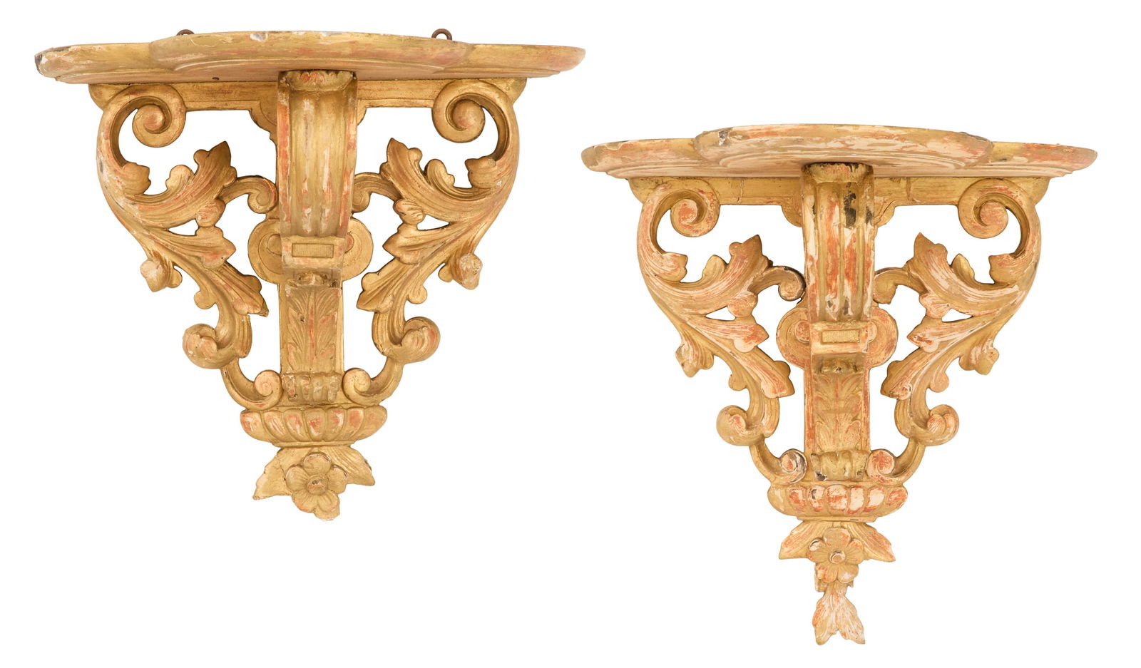 Pair of French Napoleon III Giltwood Brackets: Pair of French Napoleon III Giltwood Brackets third quarter 19th century, the lobed shelves supported by reeded and leaf-carved central corbels, flanked by pierced scrollwork and leaf carving, the