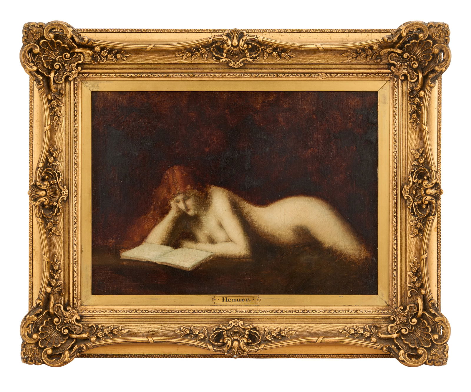 Jean-Jacques Henner (French, 1829-1905): Jean-Jacques Henner (French, 1829-1905) "Reclining Nude Reading" oil on canvas signed illegibly lower right; a "P. Contet Paris" canvas stamp en verso. Verso affixed with provenance information,