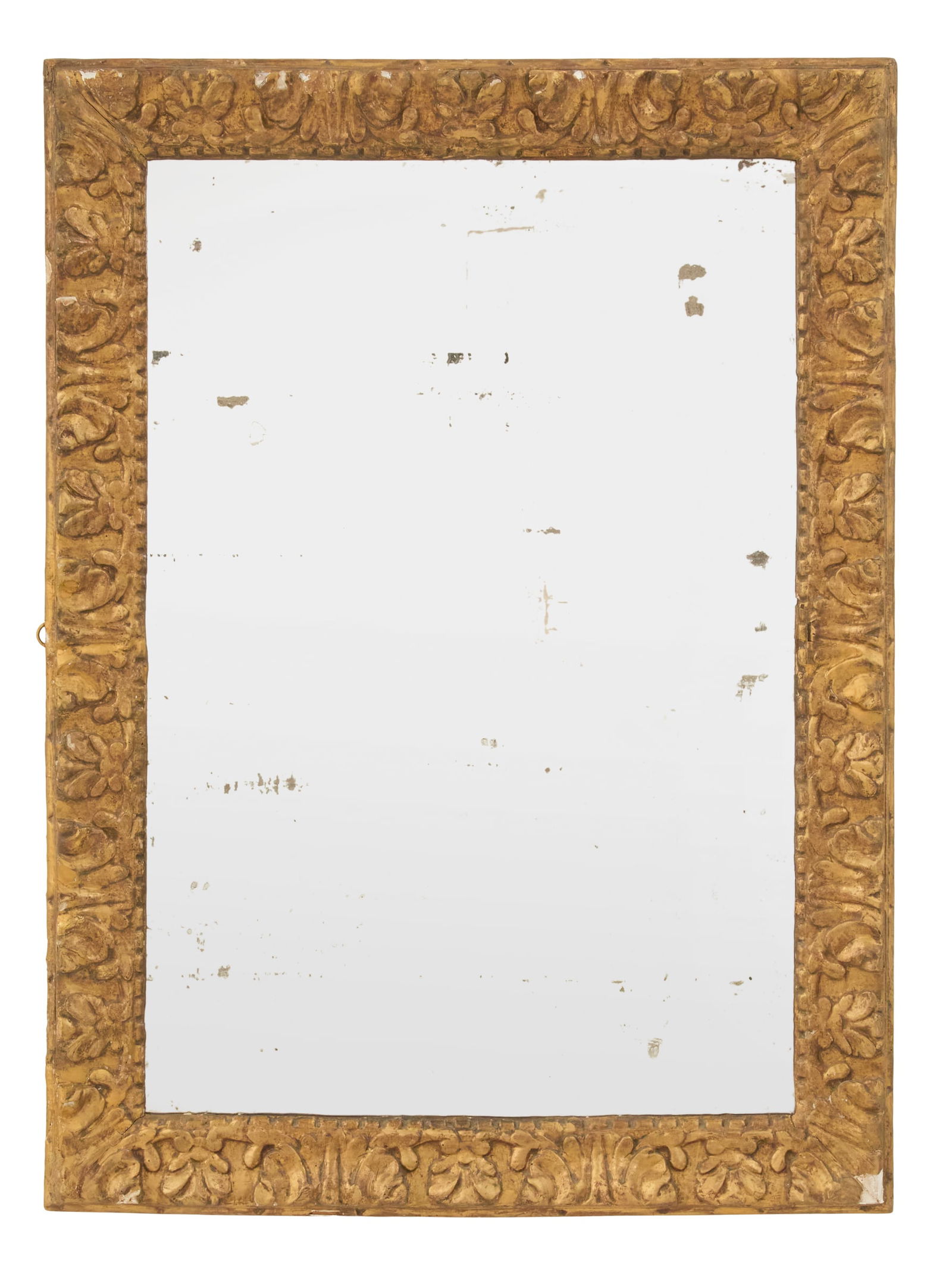 Baroque Carved Giltwood Mirror: Baroque Carved Giltwood Mirror 17th/18th century, Spanish or Italian, the surround boldly carved with leaves alternating with shells, a rustic carved beading lining the antique mirror plate. h.