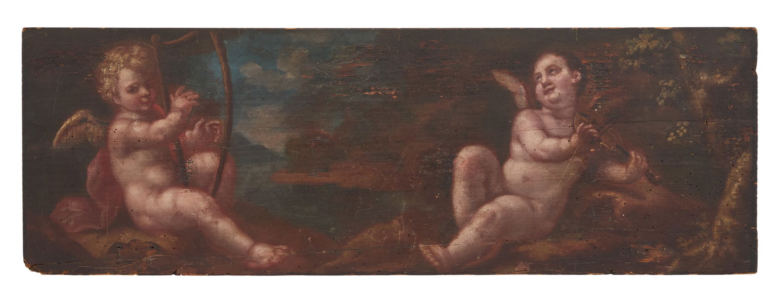 Baroque Painted Panel of Musical Putti: Baroque Painted Panel of Musical Putti17th century, figures set in a lush landscape setting.h. 10-3/4", w. 32" Provenance: Kevin Stone Antiques, The Collection of Kevin Stone & Mark Diamond.