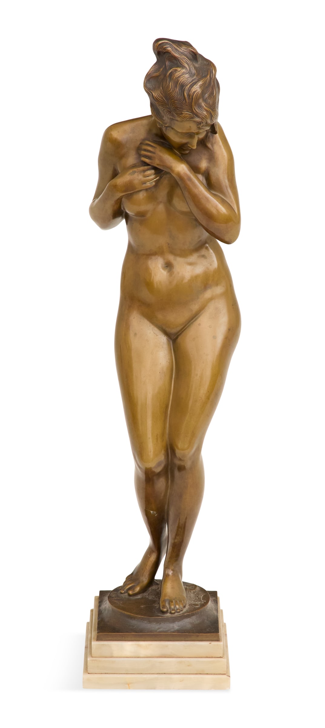 Bruno Zach (Austrian, 1891-1935): Bruno Zach (Austrian, 1891-1935) "Modesty", 1920s patinated bronze cast signature, mounted on a stepped green and brown mottled onyx base. h. 34-1/4", w. 8", d. 8"