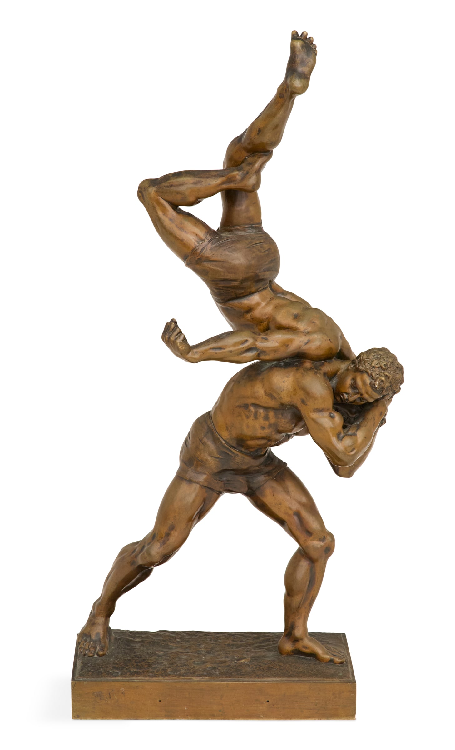 After Marius François Laugier (French, 1835-1899): After Marius François Laugier (French, 1835-1899) "Les Lutteurs" bronze 19th century, on a rectangular bronze plinth. h. 36", w. 14-1/2", d. 8-1/4"