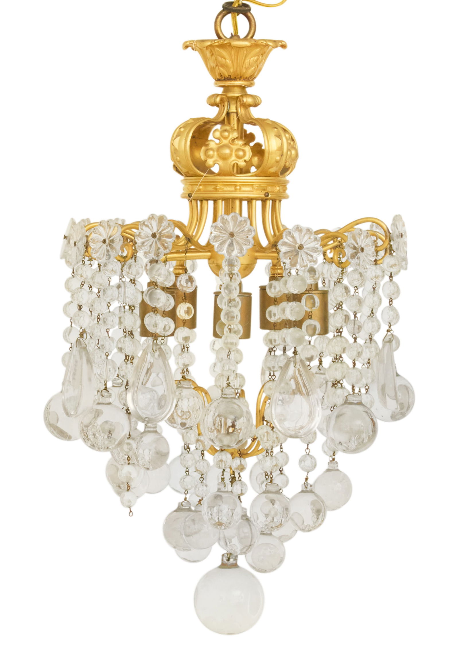 French Gilt-Bronze and Crystal Chandelier: French Gilt-Bronze and Crystal Chandelierearly 20th century, the acanthus-molded chain holder supporting a pierced crown-form standard, molded with acanthus leaves and cabochons, set with sprays of gr