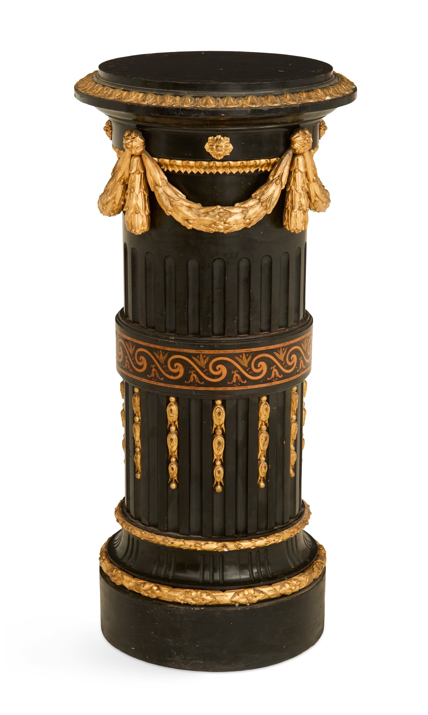 Napoleon III Ebonized and Parcel-Gilt Pedestal: Fine Napoleon III Ebonized and Parcel-Gilt Wooden Pedestallate 19th century, the circular top with a carved and gilt outer molding over a bold fluted standard with a central inlaid band and laurel lea