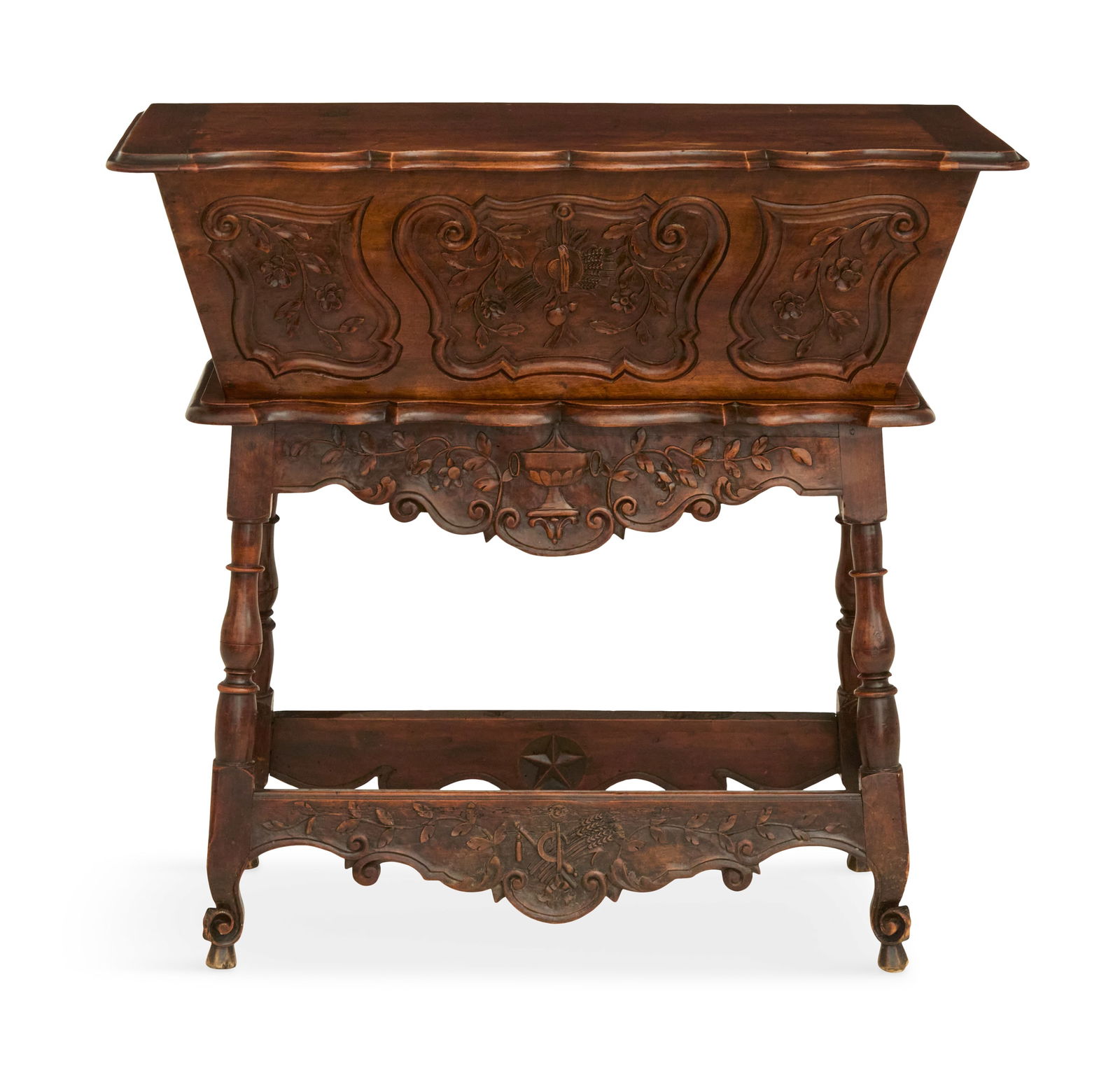 French Provincial Walnut Dough Box on Stand: French Provincial Walnut Dough Box on Stand18th century, the tapered box with a scalloped top, opening to a void interior, and a highly carved front, mounted to a conforming base with carved stretcher