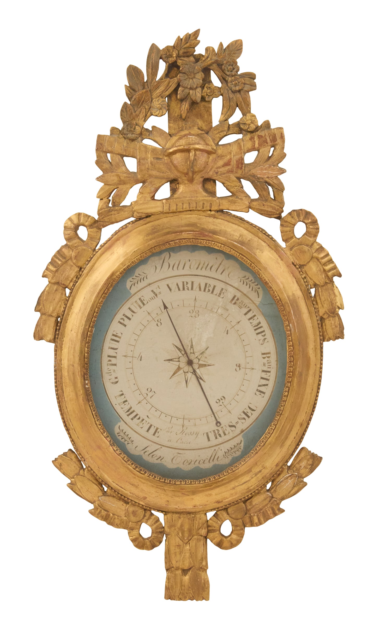 French Directoire Giltwood Barometer: French Directoire Giltwood Barometerca. 1800, the pierced crest decorated with a giltwood globe framed with pierced leaves and flowers, with bowknots on each side, the cove-molded giltwood surround fr