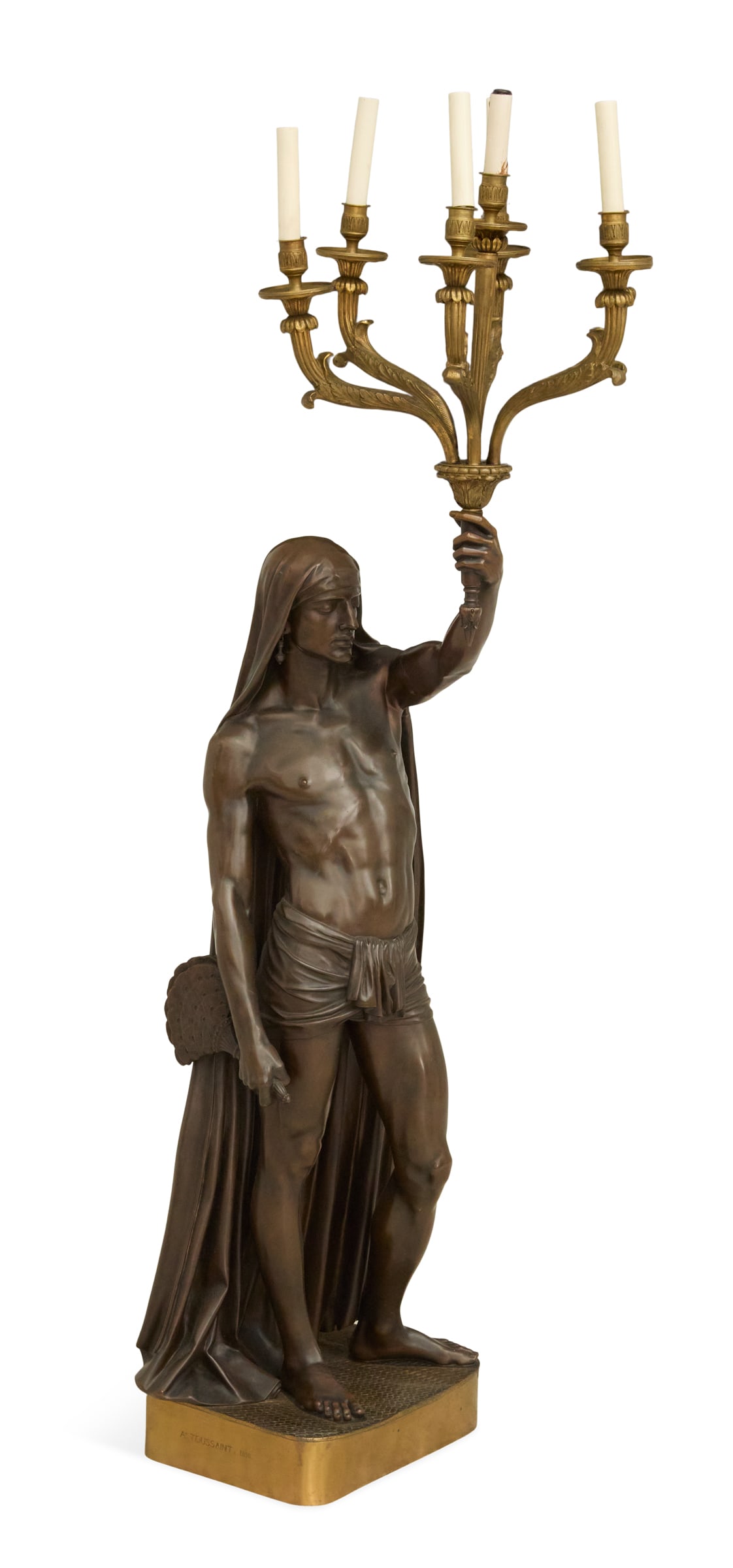 Barbedienne Bronze Torchere of "Esclave Indien": Bronze Patine Barbedienne Torchere of "Esclave Indien" ca. 1850, after the ca. 1850 bronze by Francois-Christophe-Armand Toussaint commissioned for the Palais de L'Elysée and exhibited at the Salon